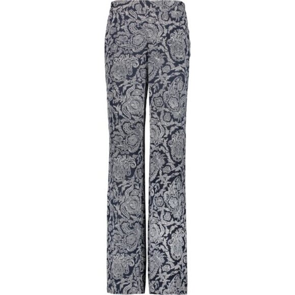 THEORY Mitrana Georgette Wide Leg Pant ~ 100% Silk Navy Blue Paisley Print Large - Picture 7 of 15